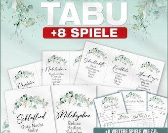Baby Shower TABU + 8 Games | Baby Shower Games | Eucalyptus | Tip Cards | Photo Tasks | Baby City, Country, River | PDF Download and Print