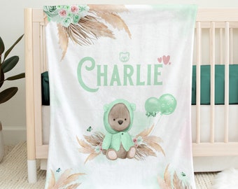 Boho Teddybär mit Luftballons | Personalisierte Babydecke | Baby Decke mit Namen | Neutral - für Mädchen oder Jungen