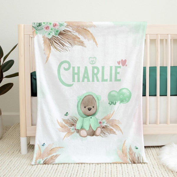 Ours en peluche Boho avec des ballons | Couverture personnalisée pour bébé | Couverture pour bébé avec nom | Neutre - pour filles ou garçons