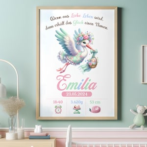 Geburtsposter | Geburtsanzeige | Storch bringt Baby | Personalisiert mit Geburtsdaten | Geschenk zur Geburt / Taufe | Poster oder im Rahmen