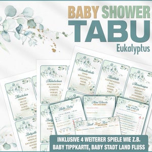 Juego Tabú Baby Shower Alemán + 4 Juegos Extra | Eucalipto Género Neutral | Plantilla PDF A4 con 99 términos | Descarga e impresión instantáneas