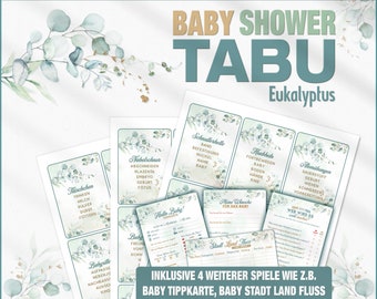 Baby Shower Taboo Game German + 4 Extra Games | Eucalyptus Gender Neutral | PDF Template A4 with 99 Terms | Instant Download and Print