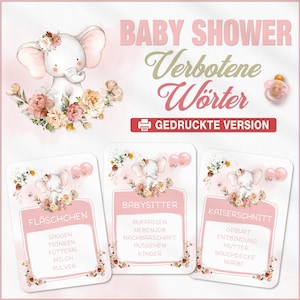 Babyparty Spiel - Baby Shower Verbotene Wörter | Deutsch | Mädchen Rosa Pink | Fertig gedrucktes Spiel oder PDF Vorlage zum selber drucken