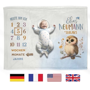 Manta de hito para bebé personalizada | Manta de hito con nombre | Manta de búho personalizable con el nombre deseado | 3 tamaños