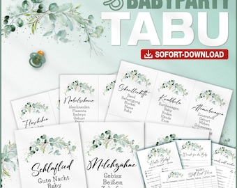 Baby Shower TABU German + 4 Extra Games | Baby Shower Game | Eucalyptus | Guess terms | PDF A4 with 135 terms | Download and print