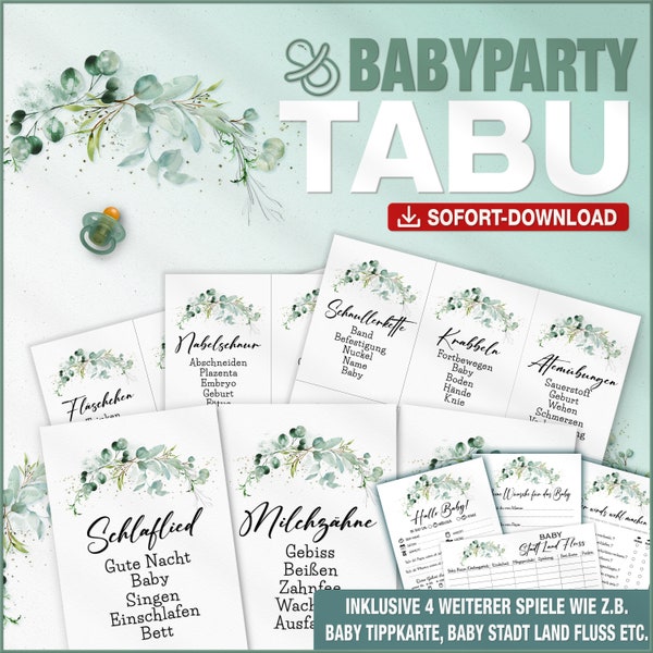 Babyparty TABU Deutsch + 4 Extra Spiele | Baby Shower Spiel | Eukalyptus | Begriffe raten | PDF A4 mit 135 Begriffen | Download und Ausdruck