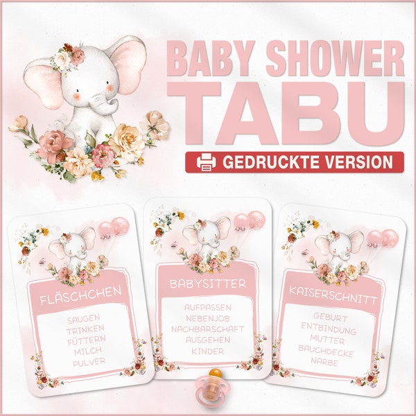 Babyparty Spiel - Baby Shower Tabu | Deutsch | Mädchen Rosa Pink | Fertig gedrucktes Spiel nach Hause oder PDF Vorlage zum selber drucken