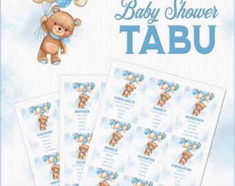 Teddy Bear Baby Shower Taboo Game German | Baby Shower Party Boy | Teddy Bear Blue | PDF template with 225 terms | Download and print