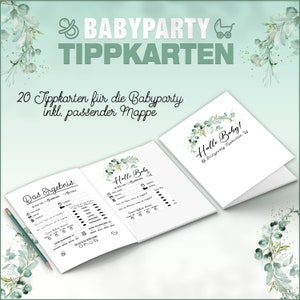 Eukalyptus Babyparty Tippkarten | 20 Stück inkl. Mappe | Wunschkarten | Babyshower Geschenk | Babytippkarte | Mädchen + Junge + Neutral | A5