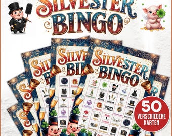 Silvester Bingo Deutsch | Silvesterbingo | Spiel für Silvesterfeier| Partyspiel | 50 Karten | Zum Ausdrucken | PDF Download