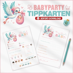 Cartes de conseils pour bébé | Cartes à remplir | Une douce cigogne amène une petite fille | Souhaits pour le bébé | PDF en A6 A5 A4 | Téléchargez et imprimez instantanément