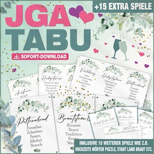 JGA TABU + 15 Extra Spiele | Hochzeits Tabu | Eukalyptus Junggesellinnenabschied Spiele | PDF A4 mit 135 Begriffen | Download und Ausdruck