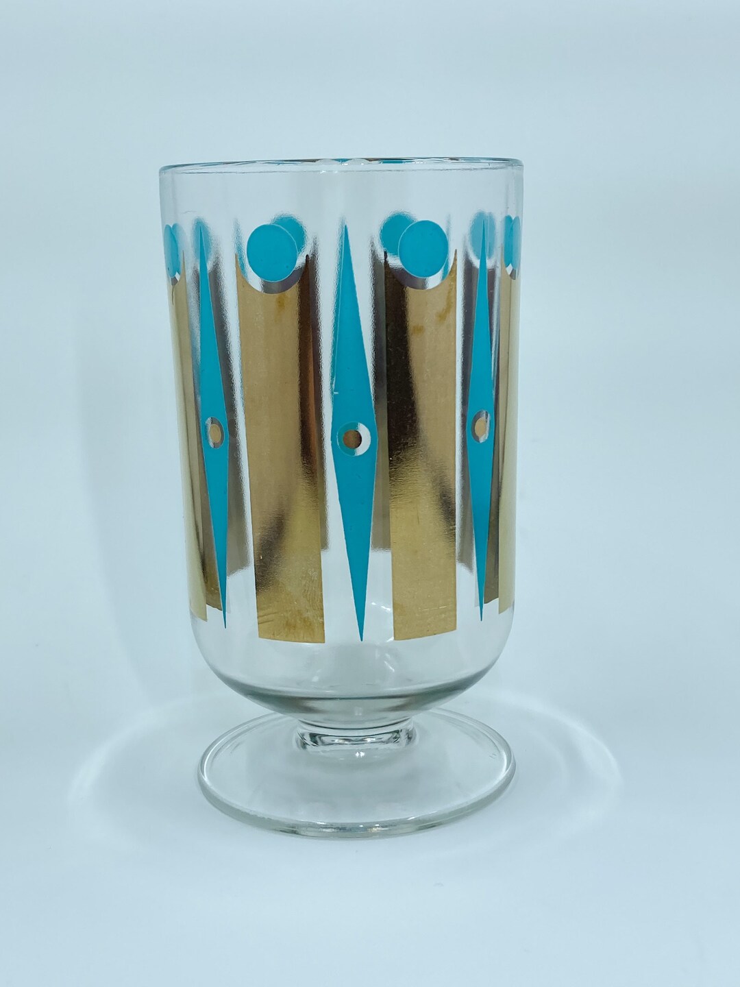 Footed Highball Mid Century Modern Turquoise and Gold Glass Etsy