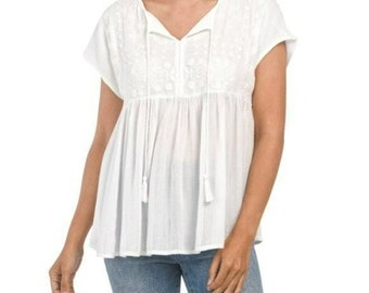 Women's Embroidered Yoke Metallic Accent Lightweight Blouse Tunic Top