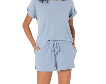 Women's Ultra Soft Ribbed Hacci T-Shirt and Shorts Lounge PJ Set