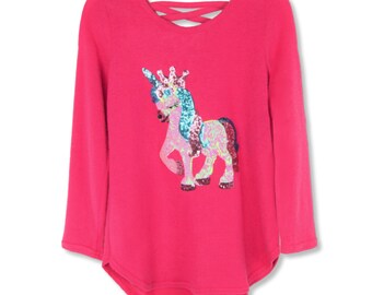 Poof Girl - Haut en tricot doux en coton mélangé à sequins et licorne