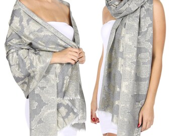 Pashmina Frayed Metallic Floral Print Shawl Evening Wrap