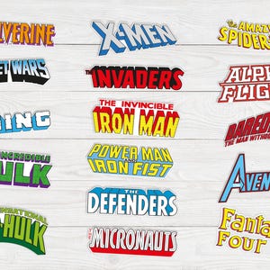 May include: A collection of fifteen Marvel comic book logo stickers featuring Wolverine, X-Men, The Amazing Spider-Man, Secret Wars, The Invaders, Alpha Flight, The Thing, The Invincible Iron Man, Daredevil, The Incredible Hulk, Power Man and Iron Fist, Avengers, The Sensational She-Hulk, The Defenders, The Micronauts, and Fantastic Four.