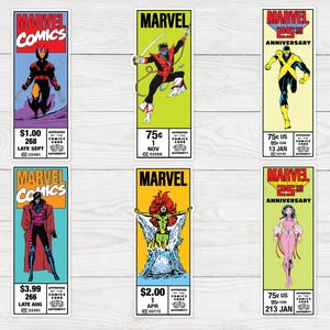 Könnte beinhalten: Eine Sammlung von Marvel Comics-Lesezeichen mit verschiedenen Comic-Covern. Die Lesezeichen zeigen lebendige Illustrationen von Superhelden und Schurken, mit dem Marvel Comics-Logo. Jedes Lesezeichen enthält Ausgabennummern und Daten.