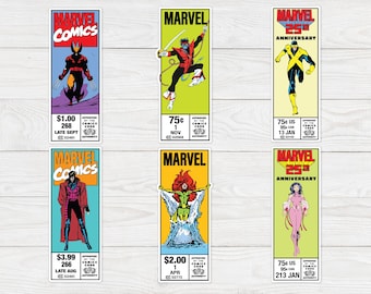 Op de afbeelding: Een verzameling Marvel Comics-bladwijzers met verschillende strips. De bladwijzers tonen levendige illustraties van superhelden en schurken, met het Marvel Comics-logo. Elke bladwijzer bevat uitgavenummers en data.
