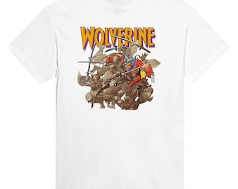 Op de afbeelding: Wit T-shirt met een grafische print van Wolverine die vecht tegen ninjas. De tekst "WOLVERINE" is in geel en paars op het shirt gedrukt.
