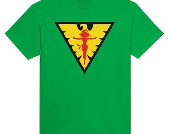 Op de afbeelding: Groen T-shirt met een geel en rood Phoenix-logo. Het logo toont een vrouw in een vliegende pose met haar armen uitgestrekt.