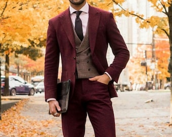 Men's Maroon Tweed Suit: Slim Fit 2-Piece Wedding Suit