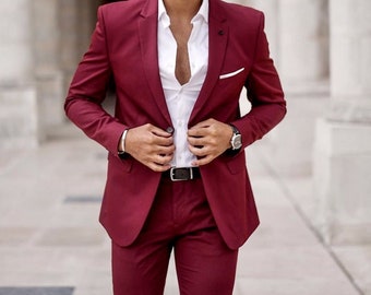 Men's Suit Maroon 2 Piece Wedding Groom Wear One Button Body Fit Suits, Best Wedding Suit for Men.