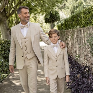 Men&#39;s Beige Linen 3-Piece Suit: Slim Fit Wedding Groom Suit