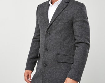 Mens Grey Jacket Trench Long Coat Casual Fashion Double Breast Coat Luxury Black Tweed Long Overcoat Long Jackets