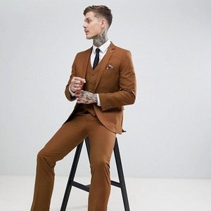 Men&#39;s Brown 3 Piece Suit: Slim Fit Elegant Wedding Tuxedo