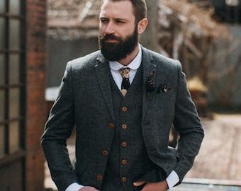 Men's Grey Tweed Suit: Slim Fit Wool 2-Piece Wedding Suit