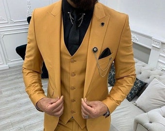 Men Suits Mustard 3 Piece Slim Fit One Button Wedding Groom