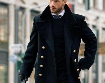 Mens Jacket Trench Long Coat Casual Fashion Double Breast Coat Luxury Black Tweed Long Overcoat Long Jackets