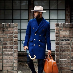 Mens Royal Blue Jacket Trench Long Coat Casual Fashion Double Breast ...