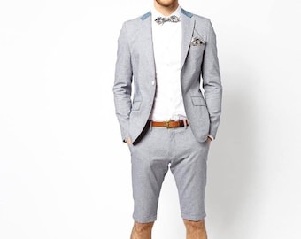 Terno cinza masculino com bermuda – Traje slim fit para casamento no verão, roupa casual para noivo na praia