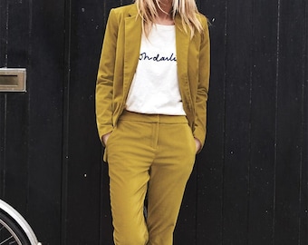 Yellow Velvet Pant Suit: Women's Tailored Tuxedo