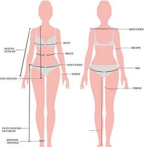 May include: Diagram showing body measurements for clothing, including bust, belly, pant waist, wrist, shoulder, biceps, hip, and thigh.
