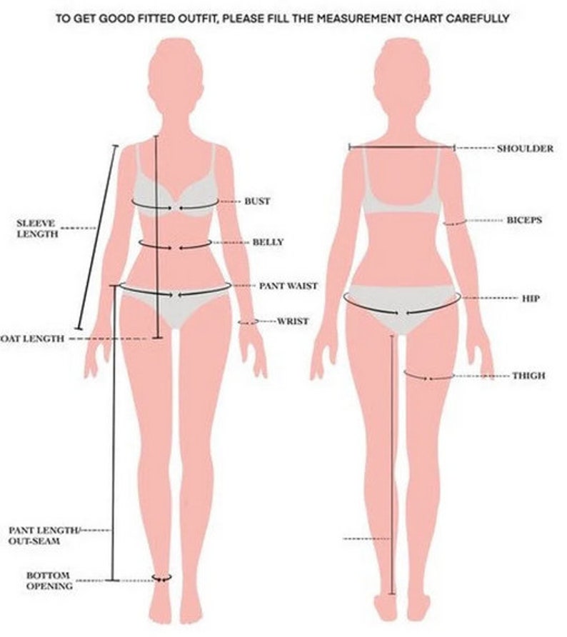 May include: Diagram showing body measurements for clothing, including bust, belly, pant waist, wrist, shoulder, biceps, hip, and thigh.
