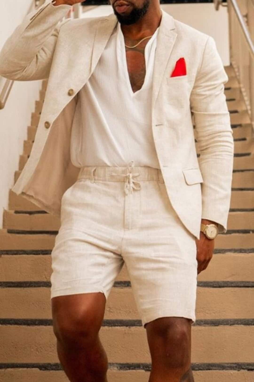 Mens Linen 2 Piece Beige Suit Groom Wedding Suit Summer Suit