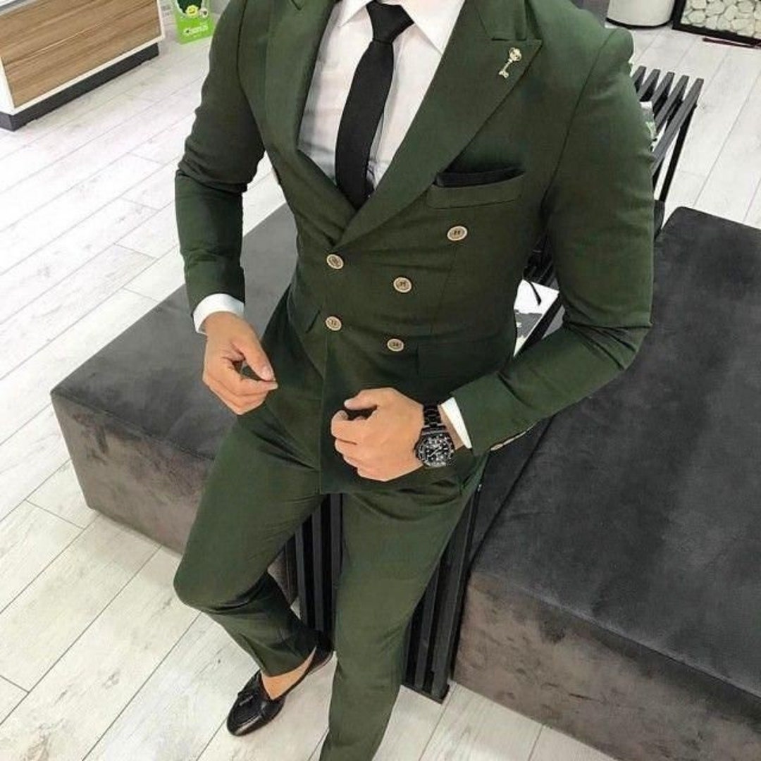 スーツ ADAMSON HOMME Double Breasted Suit Green Green Double Breasted Two Piece Suit, Luxury Wedding Suit