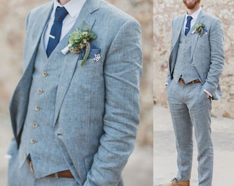 Men Suit 3 Piece Sky Blue Linen Suits For Men, Slim fit Suits Dinner Suits, Wedding Groom suits, Bespoke For Men