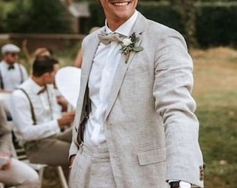 Men&#39;s Grey Linen Suit: Slim Fit Elegant Wedding Groom Wear