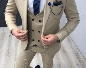 Men Classic Tan Color Suits 3 Pieces Slim Fit Eligant Suits, Beach Wedding Wear Suits, Groom Wear Suits, Party Wear Suits, Bespoke For Men