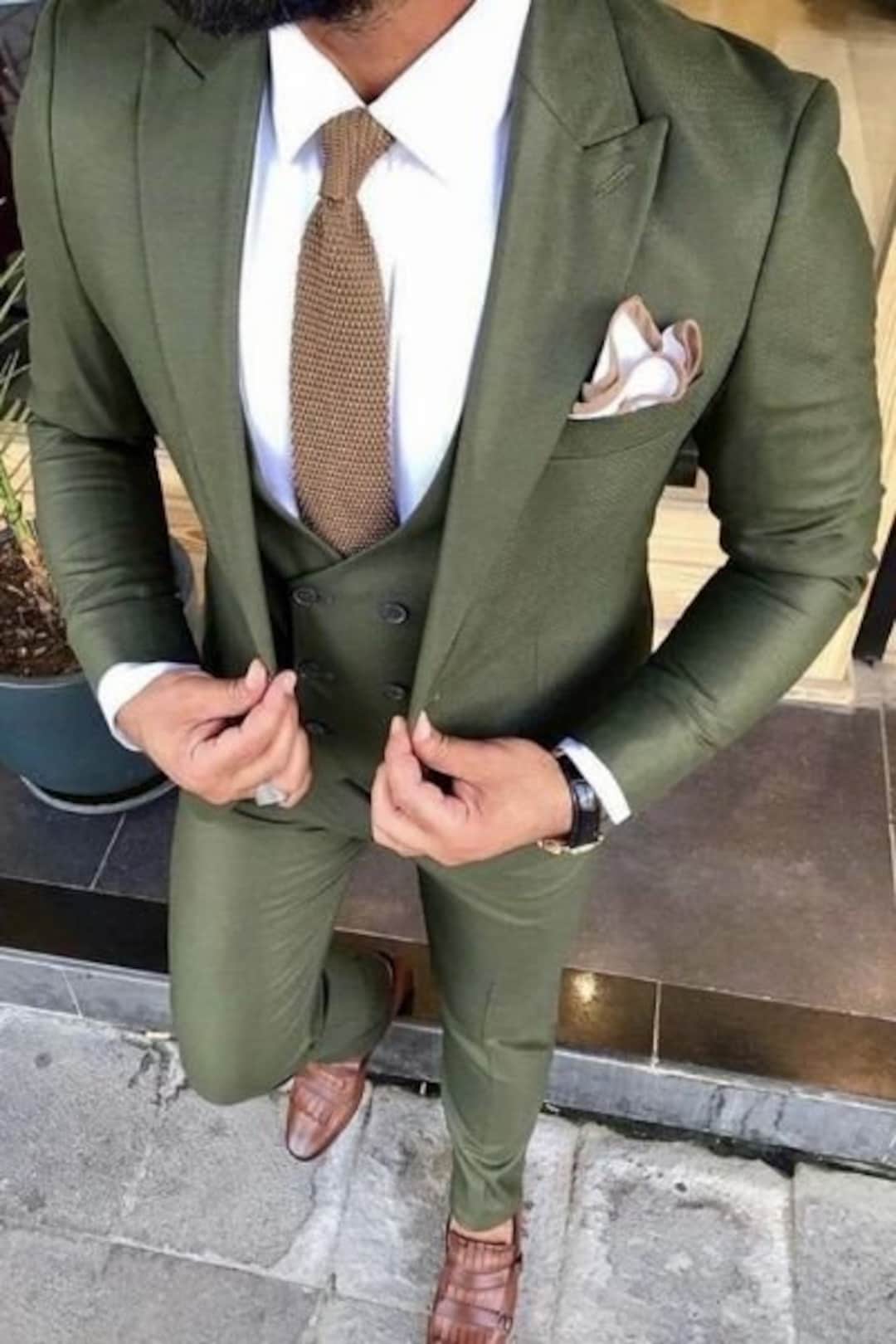 Men Olive Green Suits 3 Pieces Slim Fit Eligant Suits, Beach