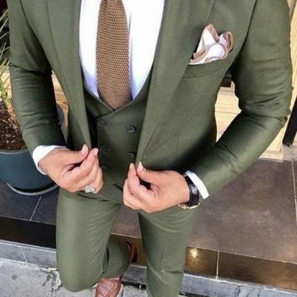 Men Olive Green Suits 3 Pieces Slim Fit Eligant Suits, Beach Wedding Wear Suits, Groom Wear Suits, Party Wear Suits, Bespoke For Men