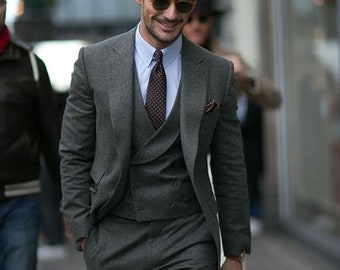 Men's Grey Tweed Suit: Slim Fit Wool 2-Piece Wedding Suit