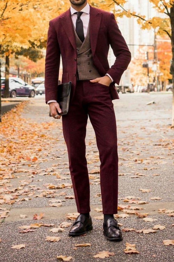Mens burgundy tweed suit best sale