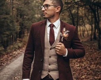 Men Maroon Tweed Suit for wedding groomsmen Suit 3 Piece Suit Gift For men Slim Fit Suit wedding suit for Groom, men Wear Suit