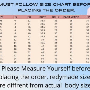 May include: Size chart for clothing with measurements in inches for bust, belly, pant waist, and hip. The chart includes sizes XS to 1XL with corresponding US and EU sizes.